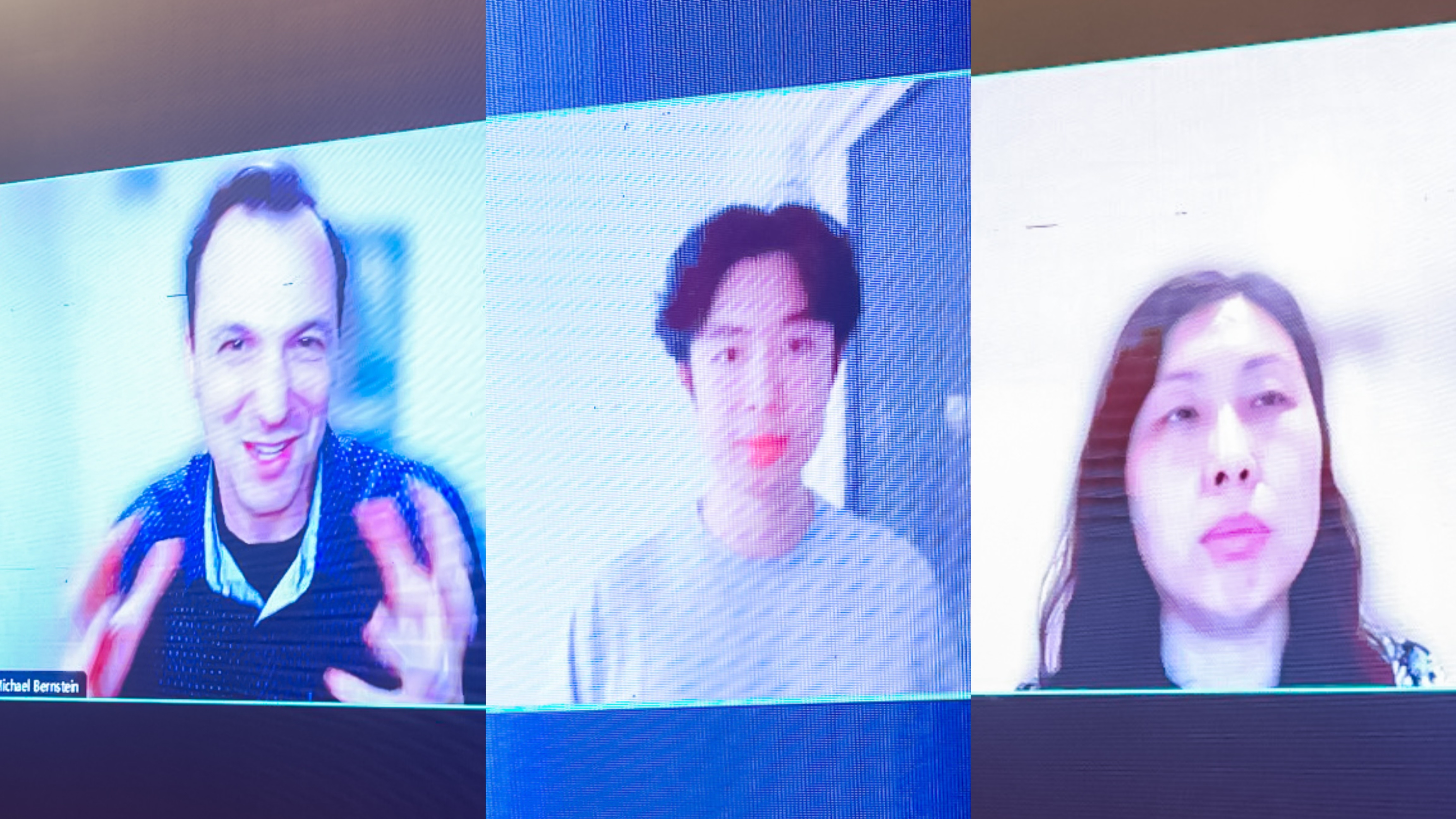 20230910-威尼斯9499登录入口计算机系与人工智能研究院基础模型研究中心联合举办首届基础大模型研讨会-嘉艺-Michael Bernstein(左)、Jason Wei(中)、Yan Liu(右)在线上作报告.jpg